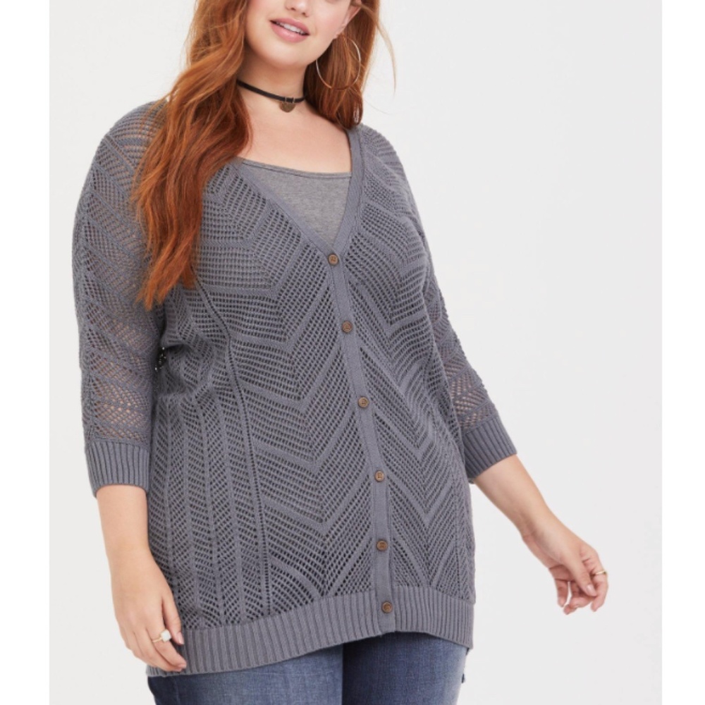 Torrid - Open Stitched Gray Grey Dolman Sleeve Rib Trim Boyfriend Cardigan - 2X